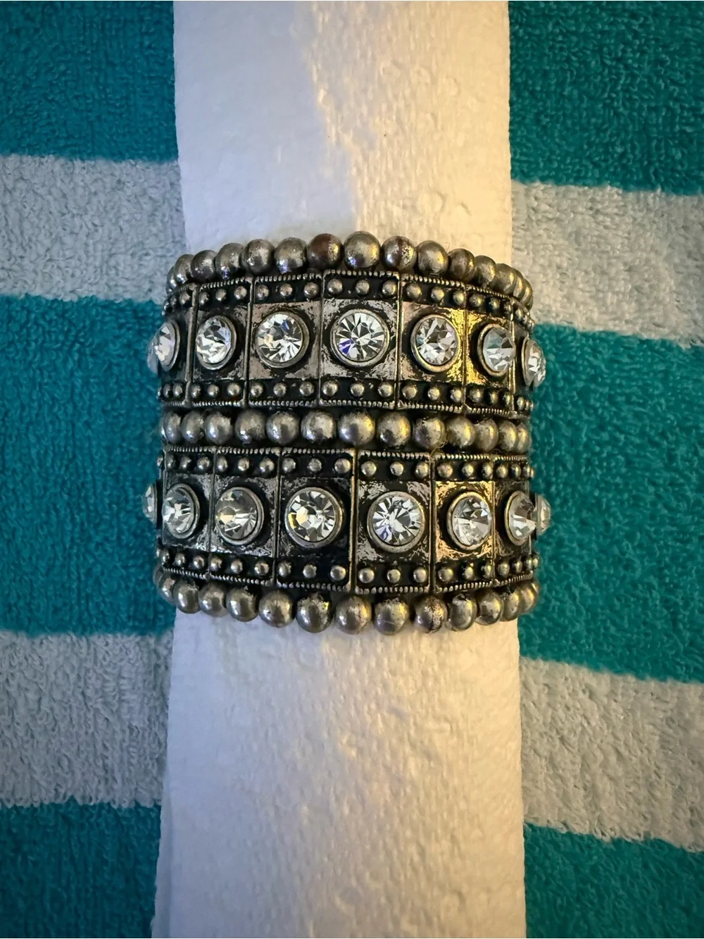 Wide Silver-Tone Crystal Stretch Bracelet